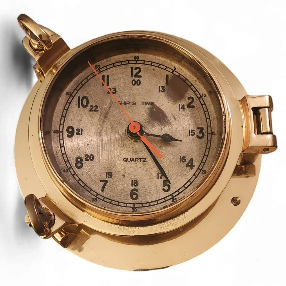 Vtg Quartz Ship's Time Solid Brass Nautical Porthole Clock w/ Gold Tone Face
